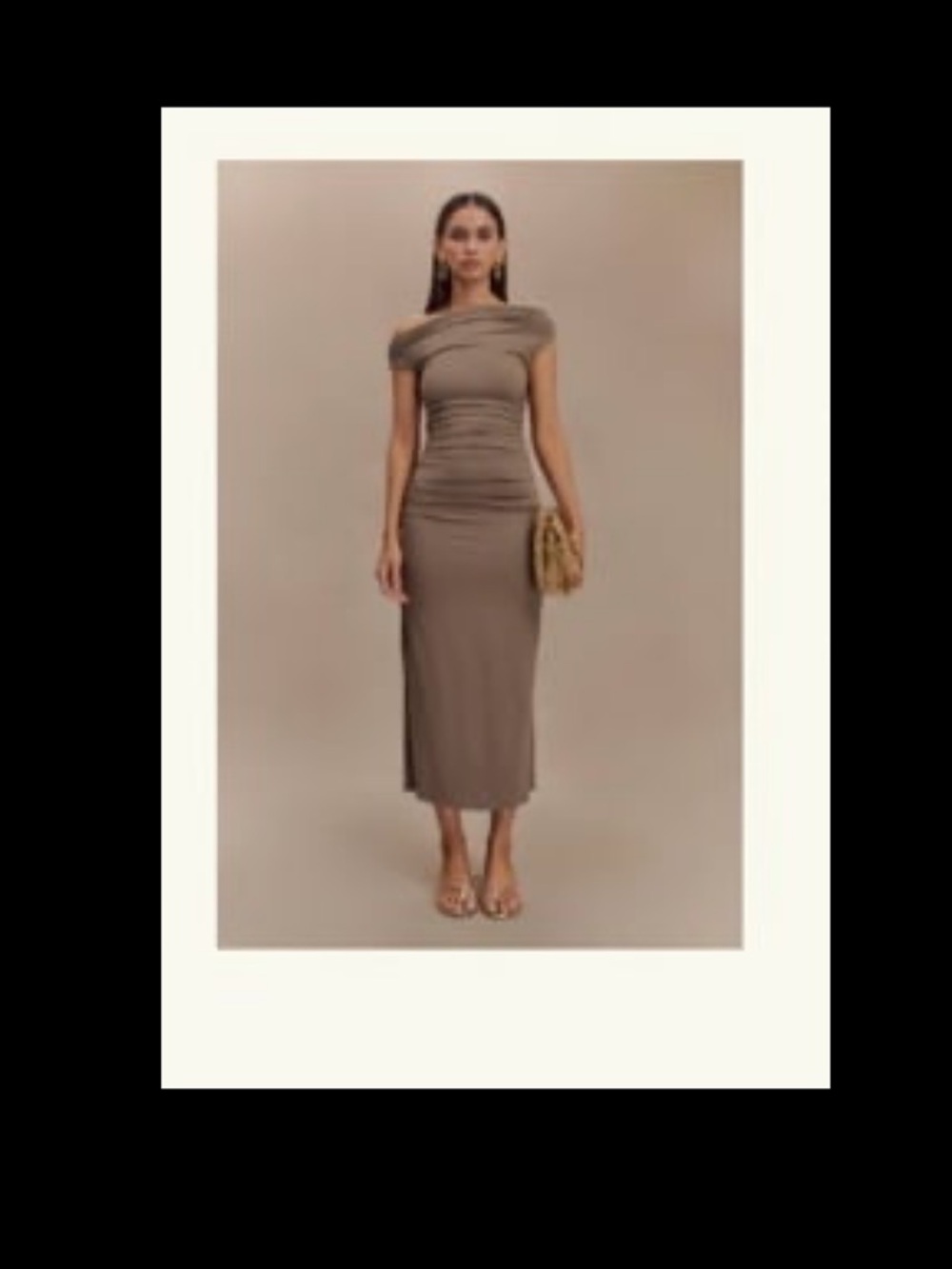 Meshki Taupe Off-Shoulder Ruched Midi Dress
